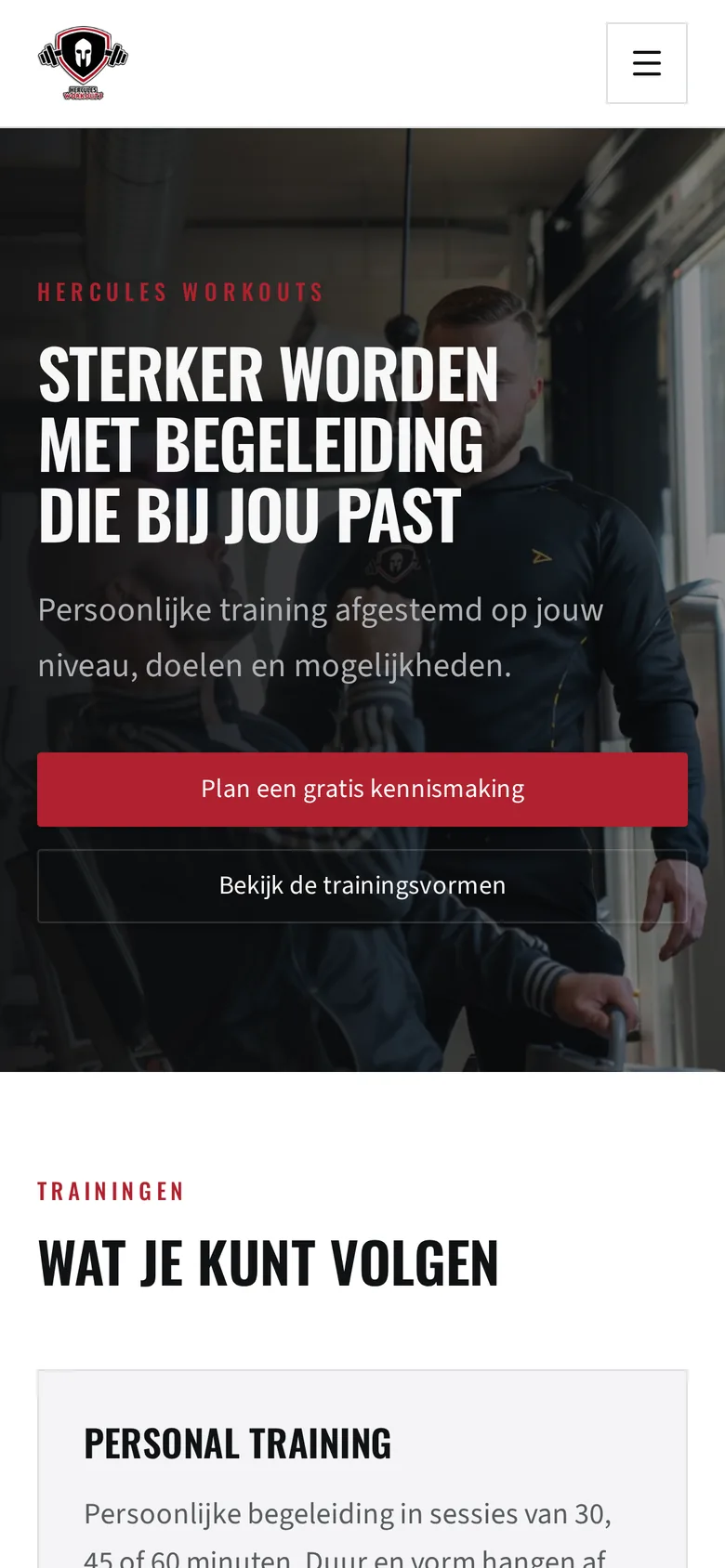 Mobiele weergave van de Hercules Workouts-website